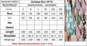 Detailed size chart for printed tiered ruffle sleeve dress showing CM measurements