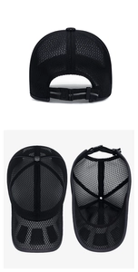 Details der schwarzen Mesh-Baseballkappe mit atmungsaktivem Stoff und verstellbarem Gurt