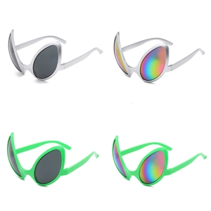 Detailed comparison of four alien party sunglasses in silver and green frames with colorful lenses
