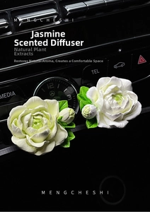 Close-up of jasmine flower diffuser clip on car vent with realistic white petals