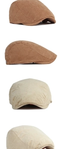 Detailed views of camel and off-white corduroy newsboy caps in vintage British style