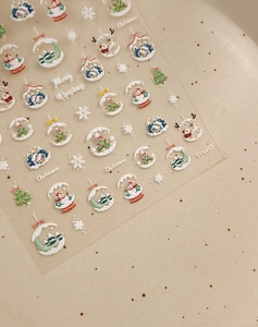 Detailed view of 5D embossed Christmas nail stickers with snowmen and snowflakes