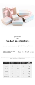 Detailed size specifications table for various jewelry boxes and matching gift bags