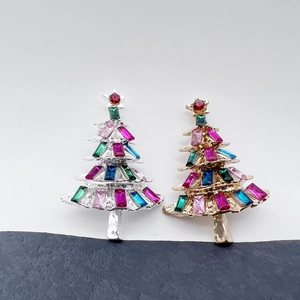 Vintage gold and silver crystal Christmas tree brooches with colorful gemstones