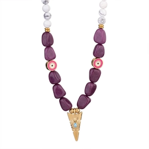 Natural amethyst necklace with bohemian beads and golden evil eye pendant charm