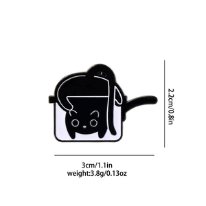Detail view of cat enamel pin in pot with dimensions 3cm width and 2.2cm height