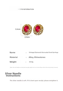 Detailed size chart for vintage floral oval stud earrings with 3.4cm height and 2.9cm width