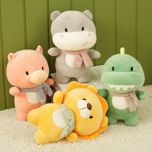 Stuffed Animal Plush Toys Soft Cuddly Dinosaur Lion Hippo Pig With Knitted Scarf Cute Room Decor For Kids Birthday Gift
