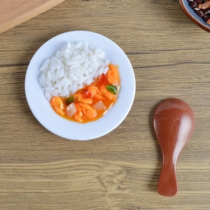 Realistic large PVC miniature food model set with seafood rice bowl and spoon on wood