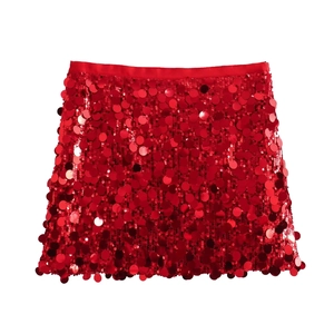 Close-up of vibrant red sequin mini skirt featuring dense reflective round textures