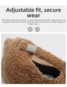 Detail of adjustable metal buckle on brown lamb wool baseball cap for custom fit