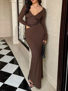 Brown Y2K two-piece long sleeve crop top and bodycon maxi skirt set with waist tie