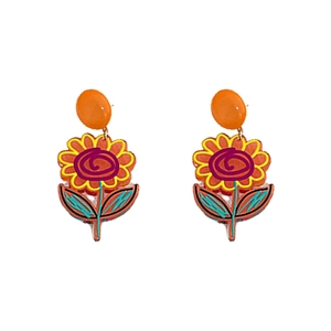 Colorful geometric tulip and rose floral earrings with orange studs on white background