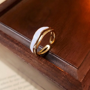 Double Layer Wave Open Ring Copper White Enamel Gold Plated Adjustable Chic Niche Design Finger Jewelry For Women