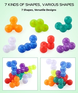 Macro shot of colorful translucent magnetic block pieces showing seven shapes for DIY play