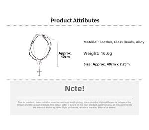 Detailed specs of the triple-layer gothic cross necklace with leather and glass beads