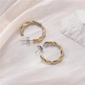 18K gold plated stainless steel twisted hoop earrings with two-tone silver gold finish