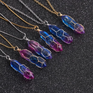 Hexagonal Crystal Pillar Pendant Necklace Wire Wrapped Gradient Rainbow Stainless Steel Chain Jewelry For Women