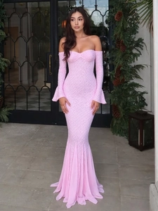 Sexy Off-Shoulder Lace Fishtail Maxi Dress With Flare Sleeves Slim Fit Elegant Evening Party Gown For Women Pink