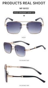 Detailed views of gold square sunglasses with gradient gray lenses from three angles