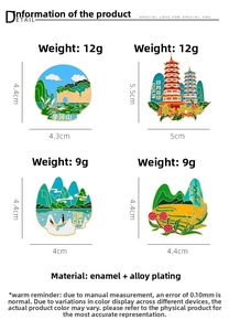 Detailed size chart for Guilin scenic enamel metal magnets featuring Elephant Trunk Hill