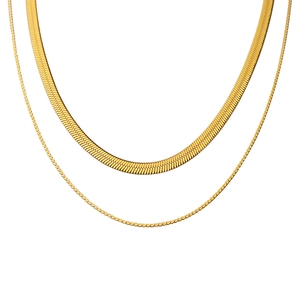 Double-layered gold titanium steel necklace featuring a flat blade chain and delicate rope chain