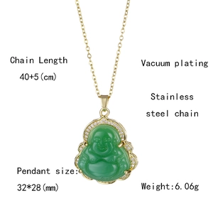Detailed view of green Buddha pendant with dimensions and gold-plated chain specifications