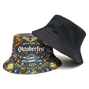 Reversible bucket hat with black cotton and Oktoberfest beer festival print designs