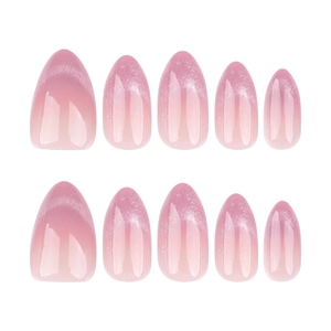 Pink cat eye gradient press-on nails with almond shape and sparkling glitter finish