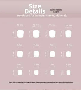 Detailed size guide for short square press-on nails with 12 sizes and 24 pieces in total