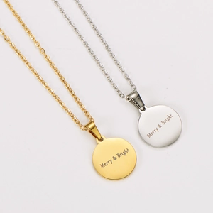 Merry And Bright Engraved Round Pendant Necklace 304 Stainless Steel Minimalist Christmas Holiday Jewelry For Couples