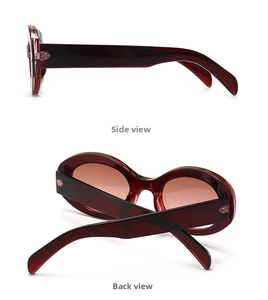 Side and back view of burgundy resin oval sunglasses showing texture and frame structure