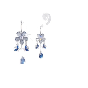Elegant silver tassel earrings with blue flower petals and butterfly crystal charms