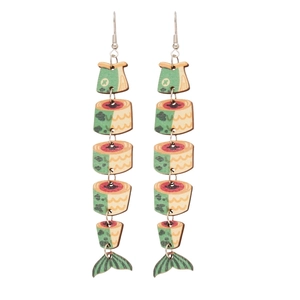 Ethnic fish pendant earrings with wooden print splicing and bohemian tassel style for women
