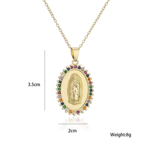 Detailed size view of gold Virgin Mary pendant with colorful cubic zirconia stones