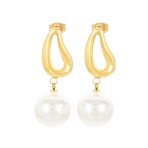Irregular golden hoop earrings with large white pearl drop in minimalist style