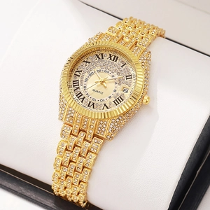 Luxury Rhinestone Iced Out Watch For Women Alloy Strap Roman Numerals Date Display Quartz Wristwatch
