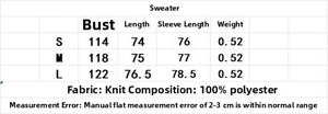 Size guide for women's knit shawl cardigan showing measurements for S, M, and L sizes