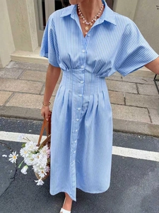 Striped Shirt Dress Women Polyester Spandex Short Sleeve Turn-down Collar Button Front Waist-Cinching Midi Length Elegant