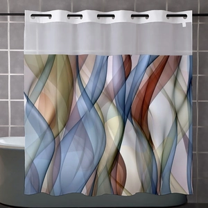 Close-up of abstract blue and caramel marble shower curtain with metal grommet detail