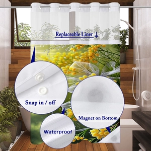 Detail of waterproof waffle shower curtain with floral print, snap-in liner and magnets