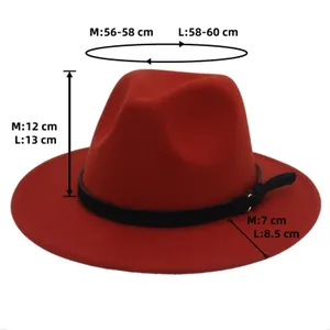 Size chart for the red wool fedora hat showing M and L dimensions and measurements