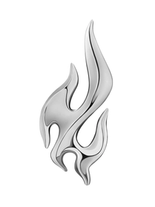 Close-up of flame-shaped silver stainless steel pendant with polished mirror finish