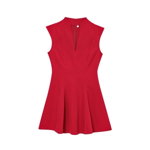 Sleeveless bright red mini dress with deep V-neckline and pleated waist detail