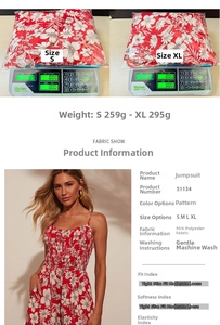 Detailed size and weight information for floral print jumpsuit with 95% polyester fabric