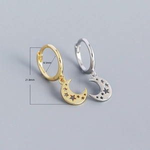 S925 silver crescent moon and hollow star drop hoop earrings in gold and silver finish