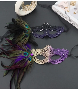 Detailed close-up of lace masquerade masks with peacock feathers and rhinestone accents