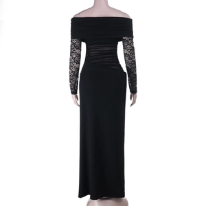 Detail of elegant black off-the-shoulder lace sleeves and back view of the slim-fit dress