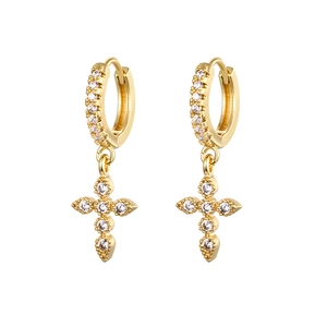 Elegant gold cross drop earrings encrusted with sparkling white cubic zirconia