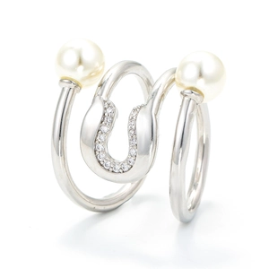 Geometric irregular double layer hollow ring with faux pearls and sparkling cubic zirconia